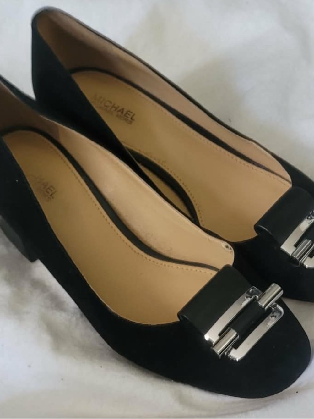 Michael Kors Black Suede Flats with Silver Buckle Accent Size 7